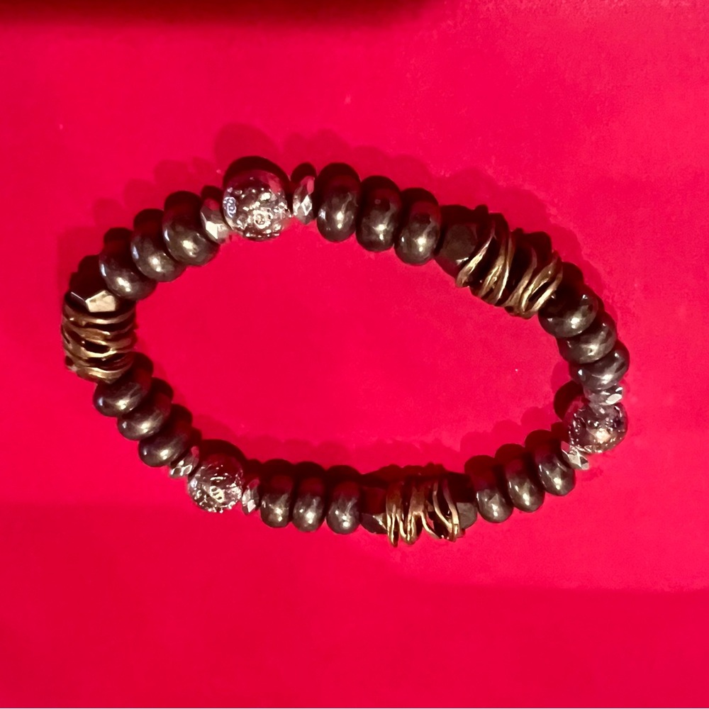 Opulenza Designs pyrite, brass and .925 sterling silver stretch bracelet